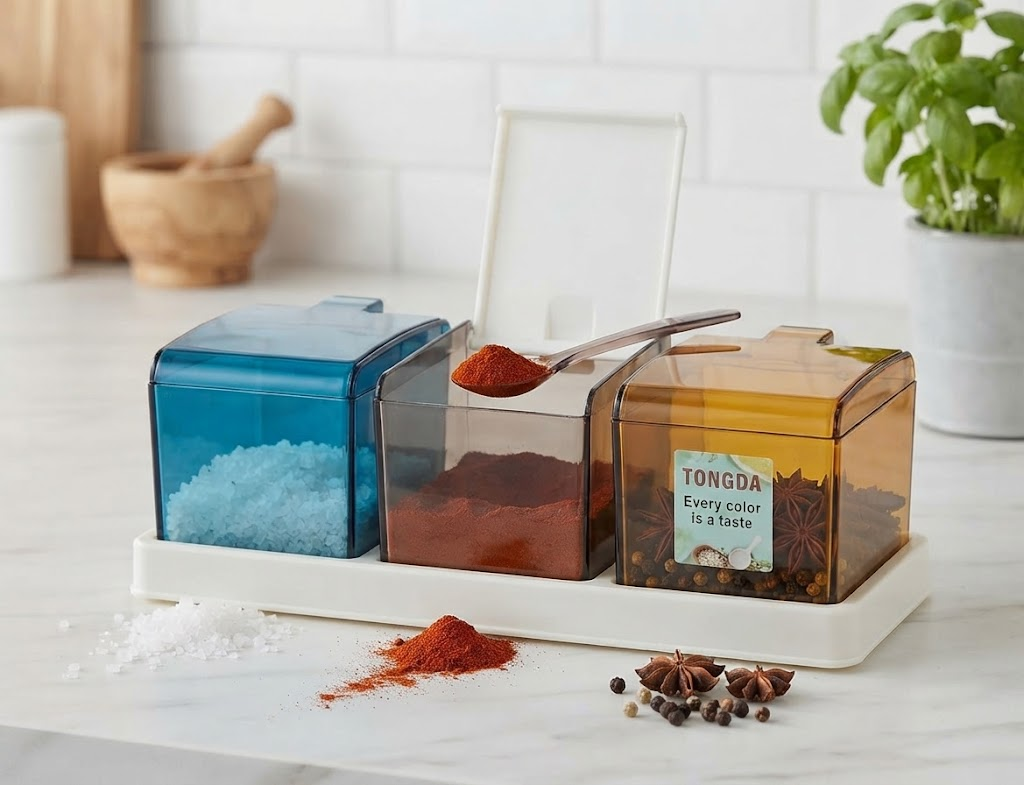 3-Piece Acrylic Seasoning Spice Box and Condiment Dispenser Container Set with Tray and Spoons