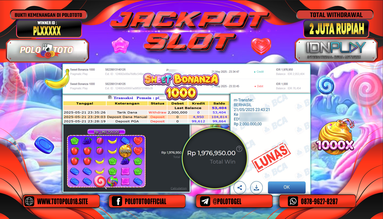POLOTOTO JACKPOT SLOT SWEET BONANZA 1000 Rp.2.000.000,-