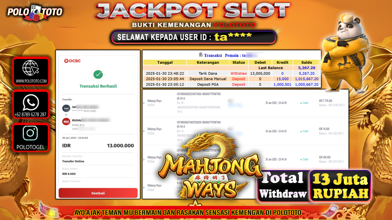 POLOTOTO JACKPOT SLOT MAHJONG WAYS Rp.13,000.000,-