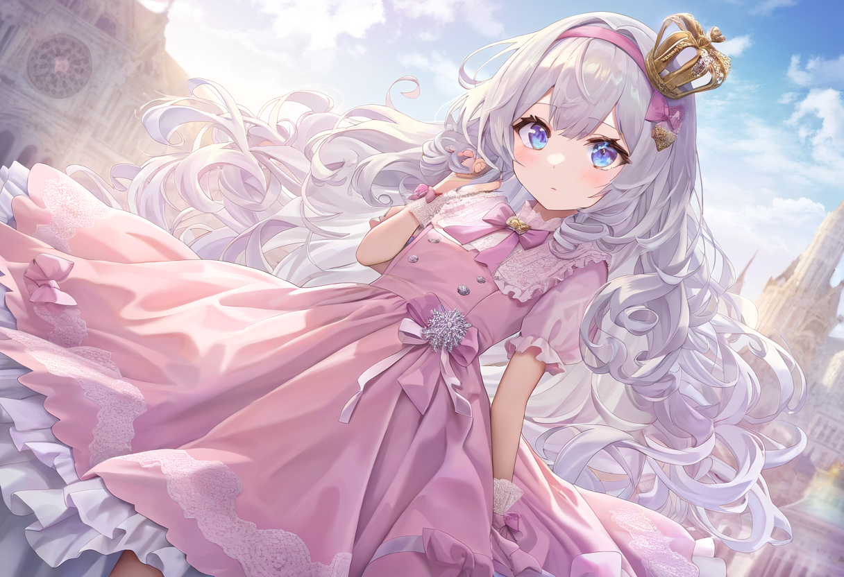 1girl artist torino crown long hair white hair curly hair long dress pink s 1779123382