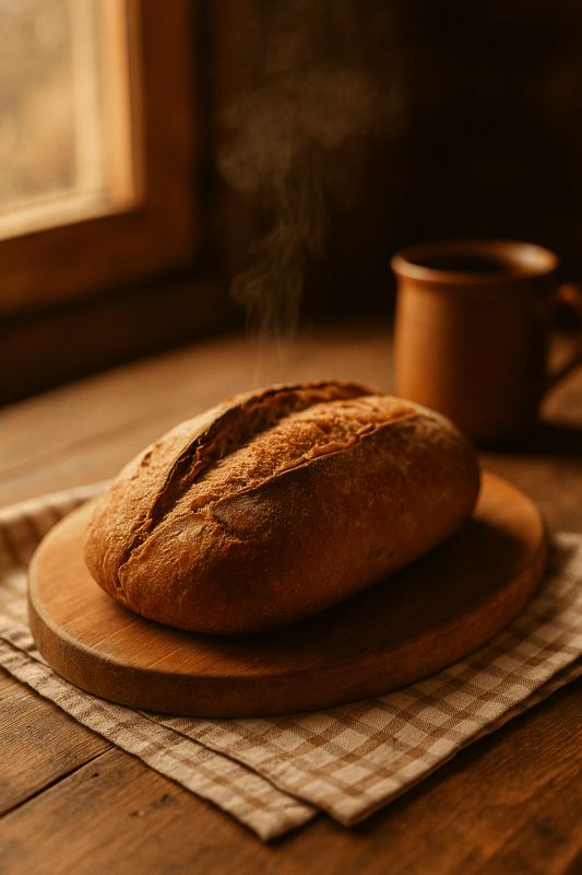 Pão caseiro fatiado, com casca dourada e miolo macio, em uma mesa rústica