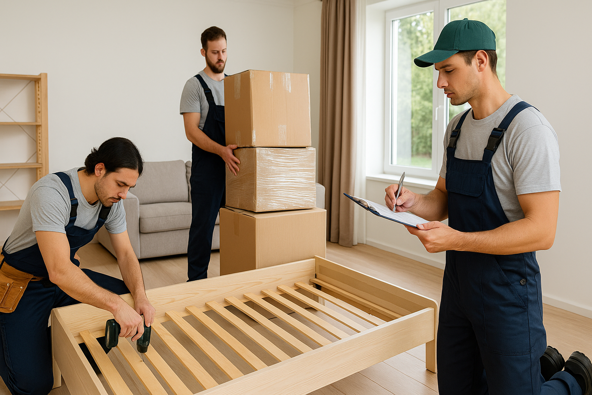 Монтажники собирают арендованную мебель в жилой комнате: один работает с дрелью, второй переносит коробки, третий заполняет акт приёма