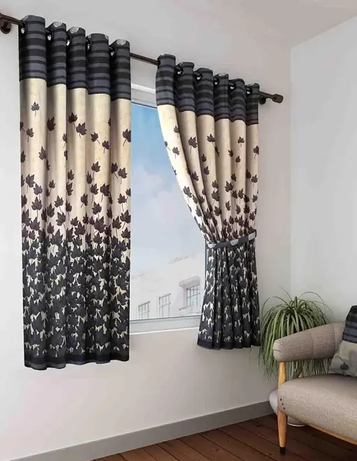 Bright Grey Leaf Pannel 2 Piece Mapple Eyelet Polyester Window Curtains (Pack of 2) || Grey (R704)