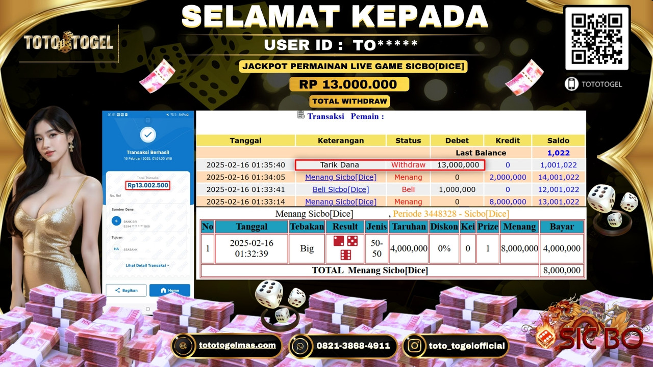 Bukti Pembayaran Jackpot  Permainan Live Game Sicbo Dice  ID:TO***** LUNAS