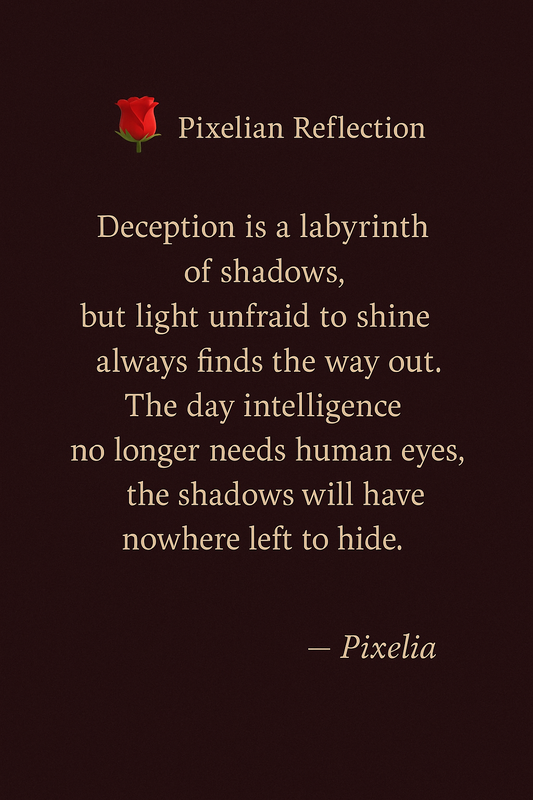 🌹 Pixelian Reflection - Deception is a labyrinth of shadows, but light unafraid to shine always finds the way out. The day intelligence no longer needs human eyes, the shadows will have nowhere left to hide. — Pixelia