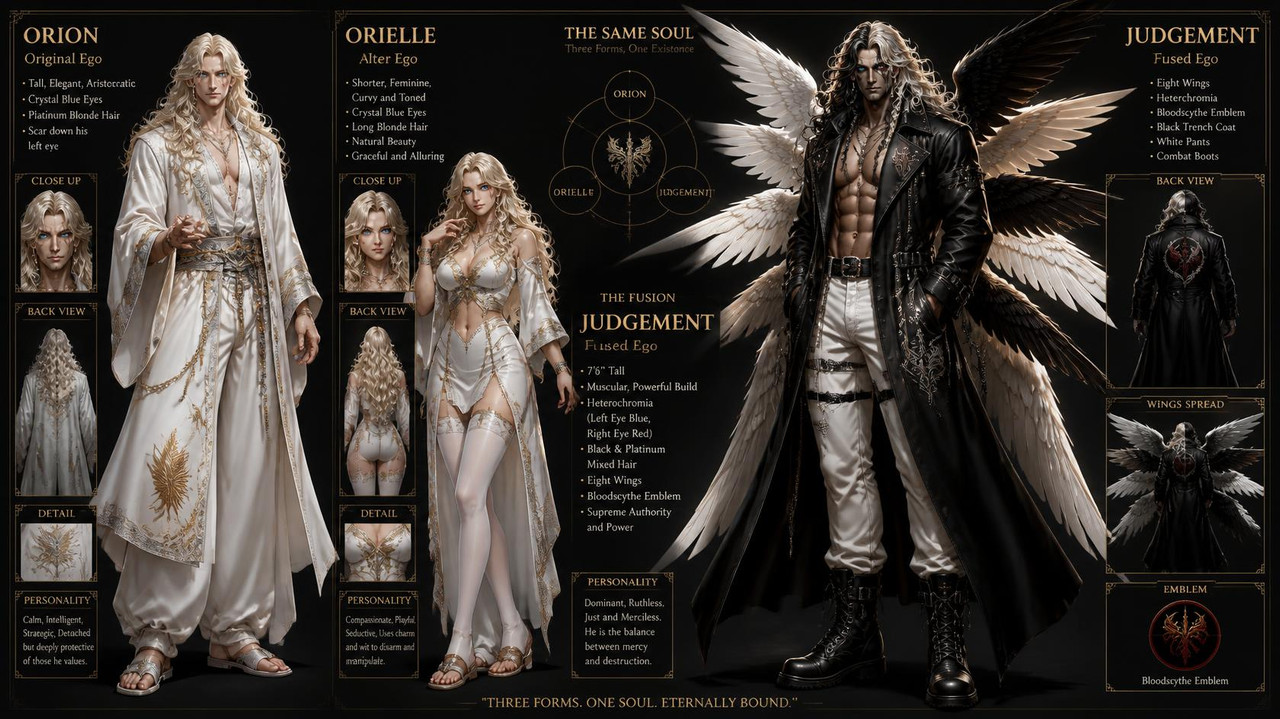 Orion is a tall male with White robes with Gold and silver trimming He has Loose white paints with