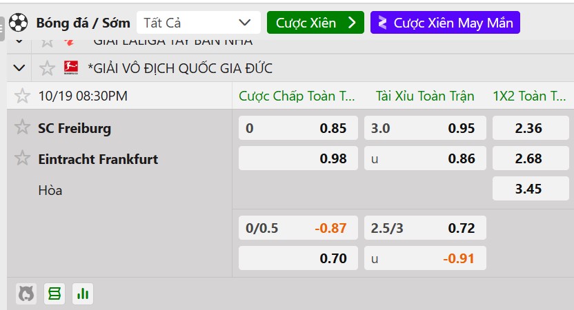 Tỷ lệ kèo Freiburg vs Frankfurt