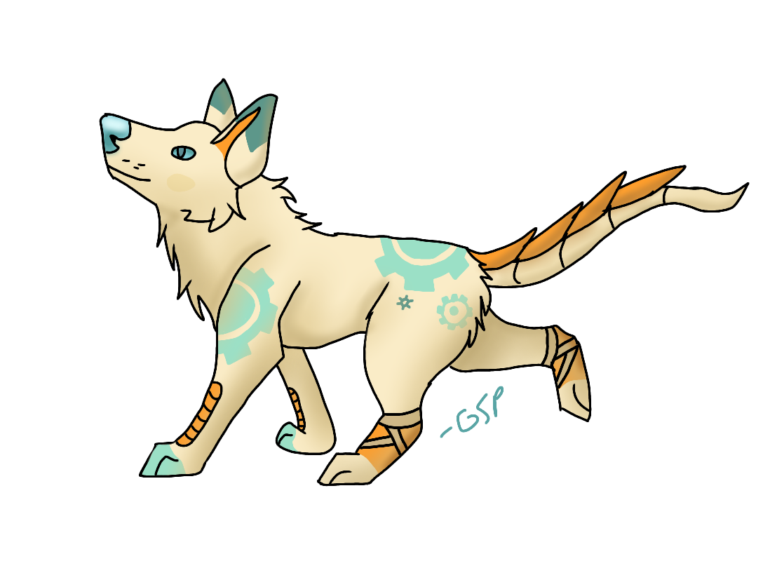 Tan wolf with teal eartips and gear designs on her pelt.