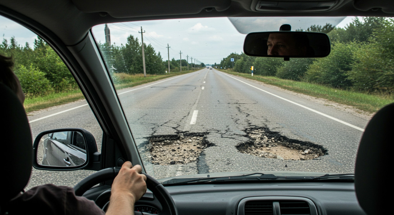 Водитель объезжает выбоины в дорожном покрытии
