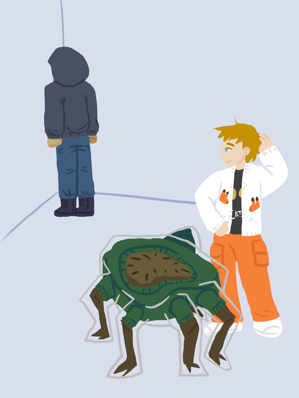 Ryland and Rocky face towards Murderbot who is in the corner