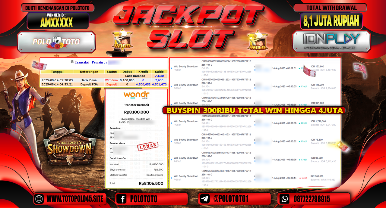 POLOTOTO JACKPOT SLOT WILD BOUNTY SHOWDOWN Rp.8.100.000,-LUNAS