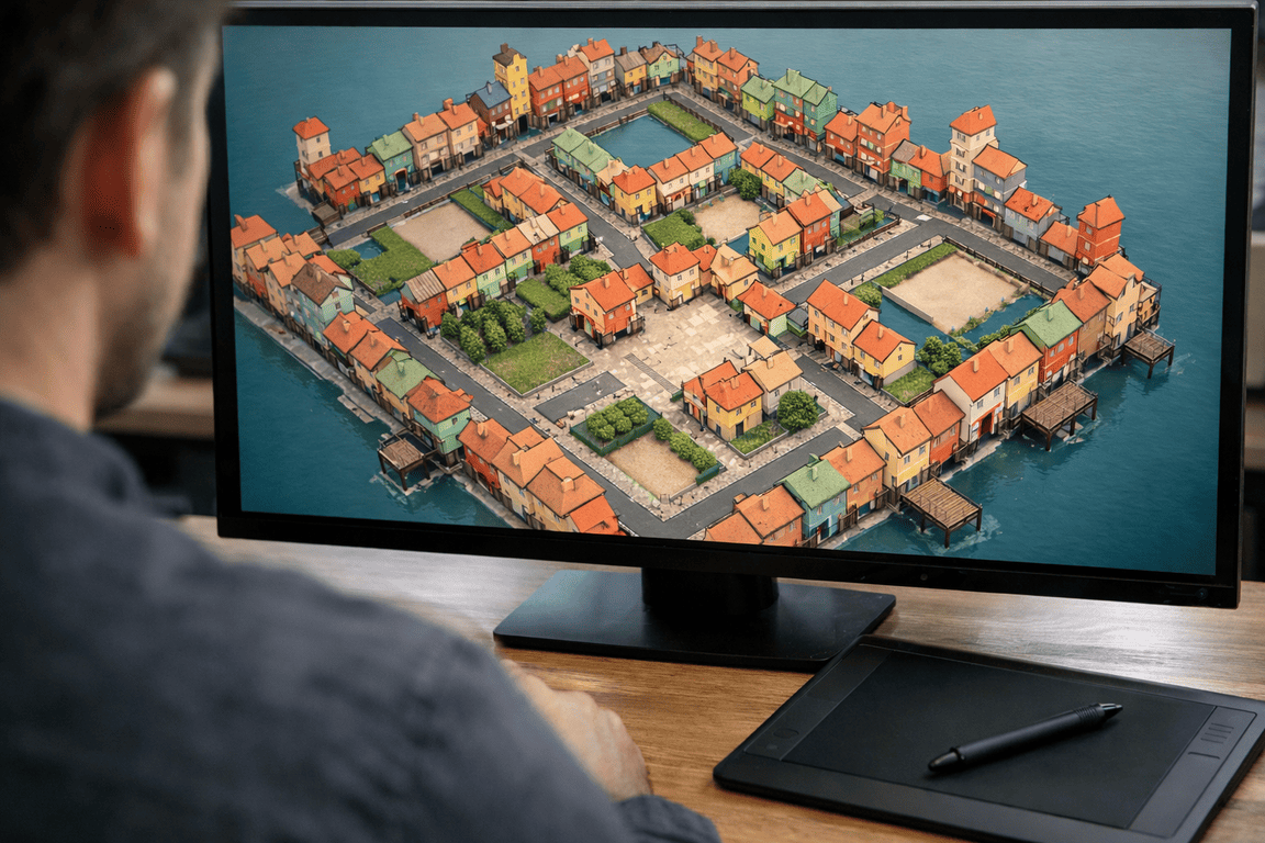 Вид сверху на 3D-макет кварталов и улиц в Townscaper на экране