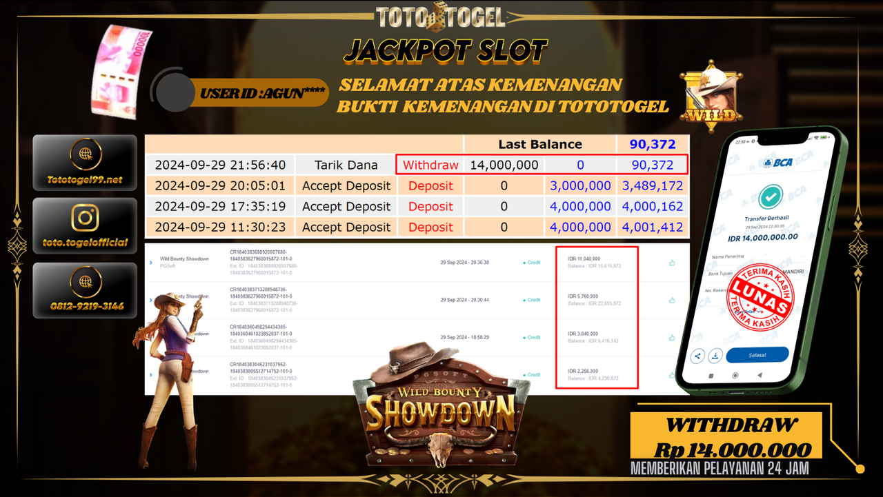 Bukti Kemenangan Permainan SLOT Wild Bounty Showdown ID : AGUN** Terbayar Lunas!!