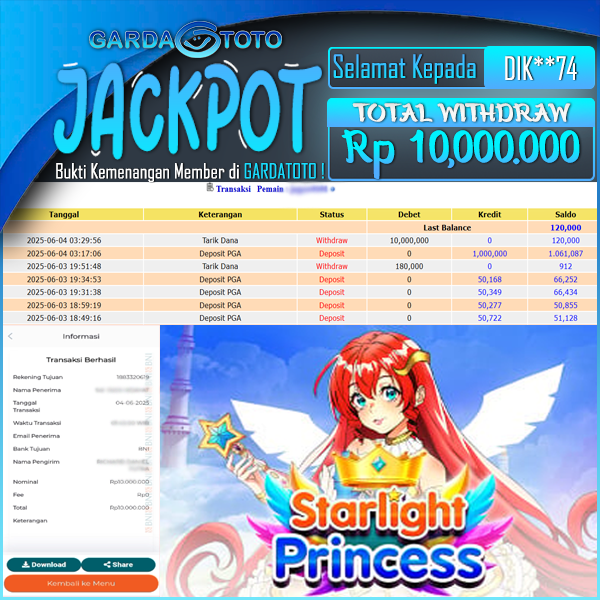 JACKPOT DI PERMAINAN  SLOT PRAGMATIC PLAY STARLIGHT PRINCESS 1000 WD Rp 10.000.000,- DIBAYAR LUNAS GARDATOTO MANTAP !