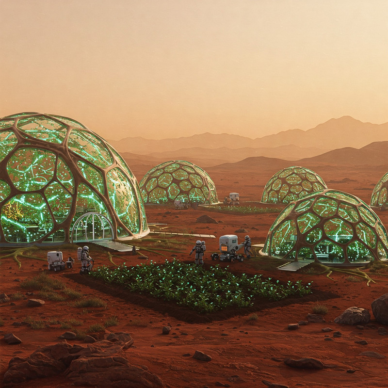 Astronauts standing on a partially terraformed Martian surface under a nascent blue sky, with visible water bodies and sparse vegetation.