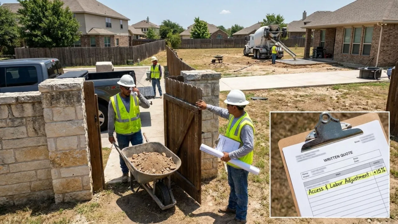 Concrete repair crew navigating a narrow side-yard gate at a San Antonio residential property to reach a backyard patio — tight access increases labor time and is one of the five factors that changes the price of any patio repair or repour