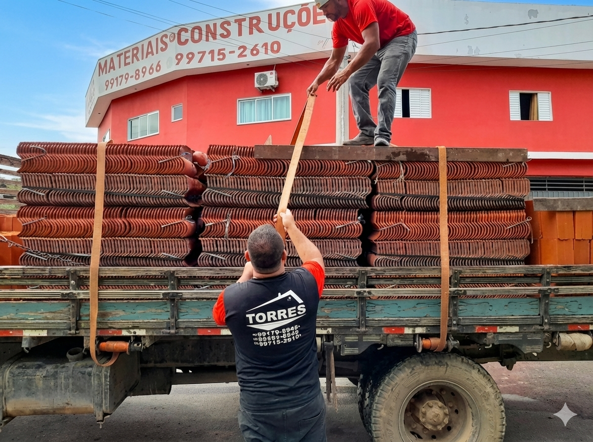 Caminhão Torres carregando telhas