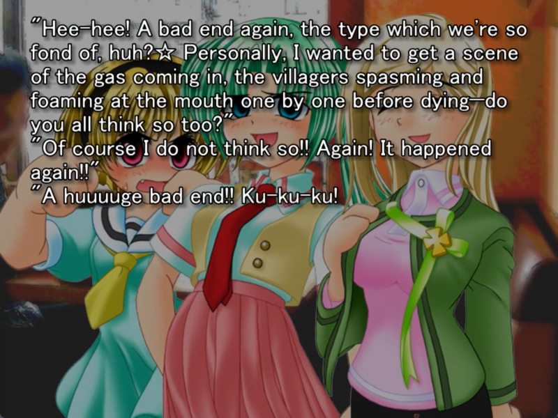 a still image from the original higurashi visual novel. Satoko, mion, and takano are on the screen. Takano says: 