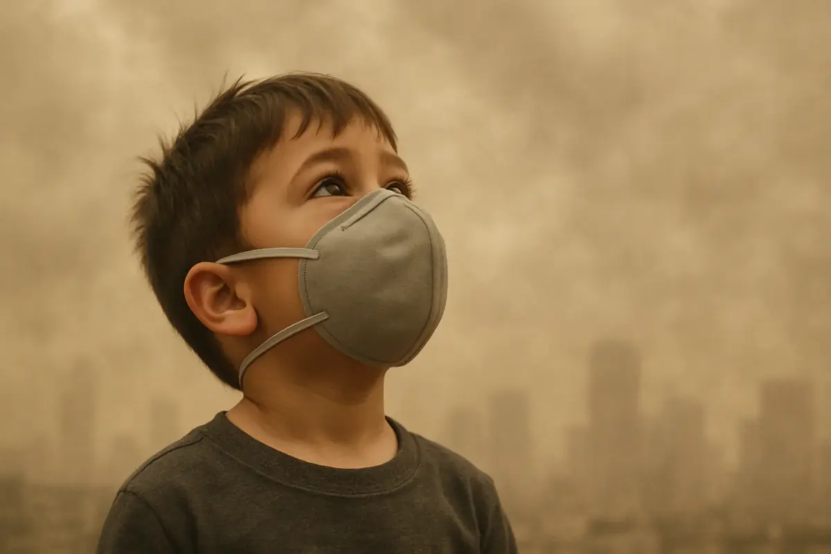 Child with mask during air pollution crisis