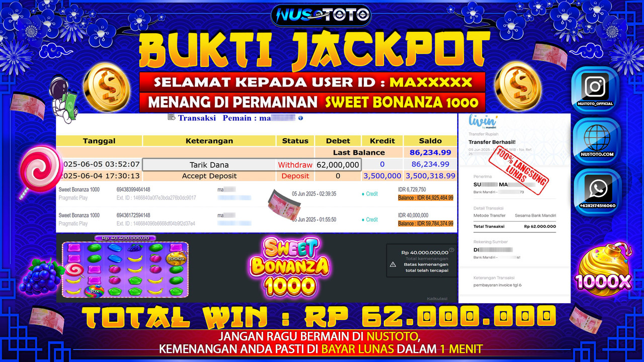 JACKPOT !! MENANG BESAR DI SLOT SWEET BONANZA 1000 Rp. 62.000.000 LANGSUNG DI BAYAR LUNAS NUSTOTO !!