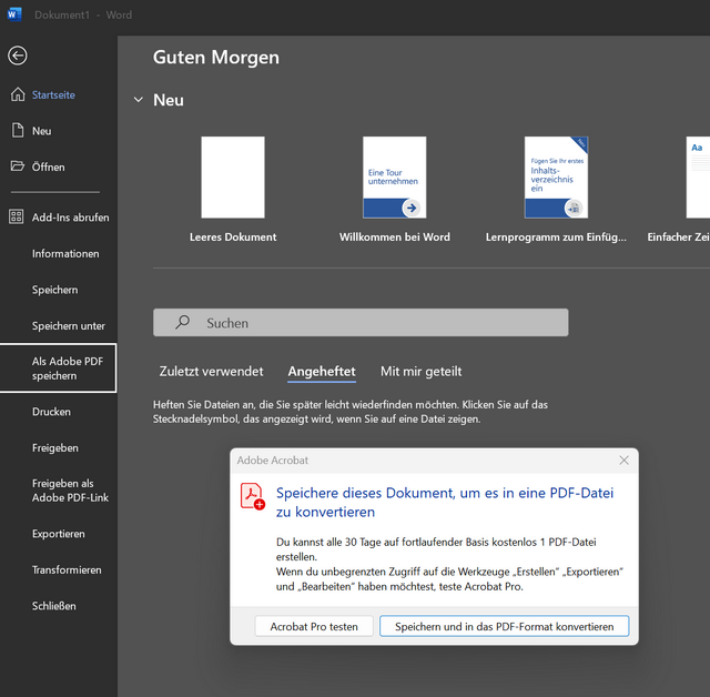Adobe Reader Speichern in Microsoft Word