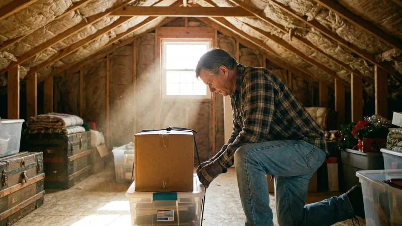Homeowner securing attic storage boxes before roof replacement in San Antonio