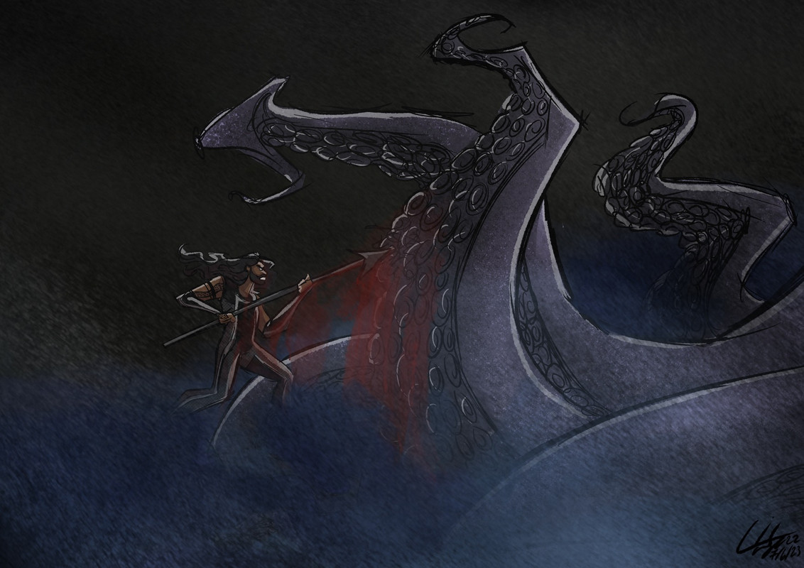 Ed stabbing the Kraken
