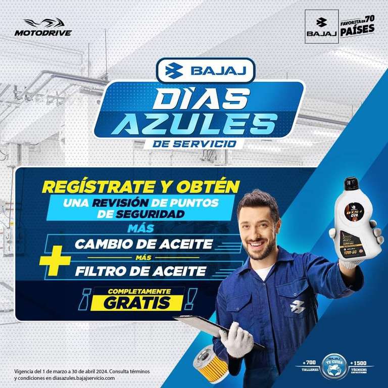 Bajaj: Cambio de aceite y/o revisión gratis al registrarte