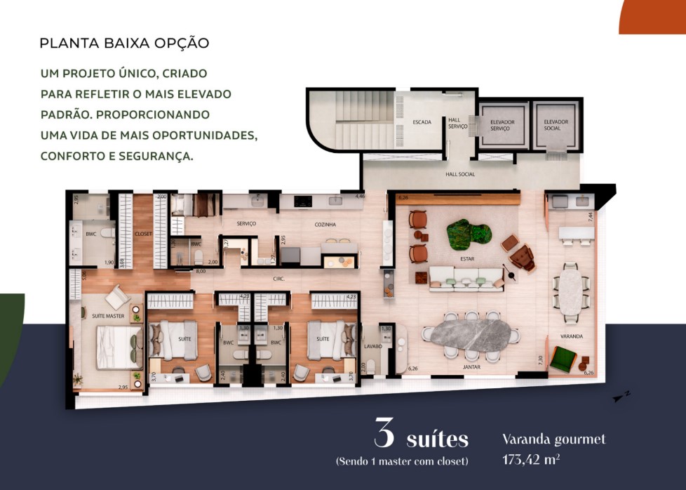 Planta baixa do apartamento de 4 quartos do Jardins Nelma Dias