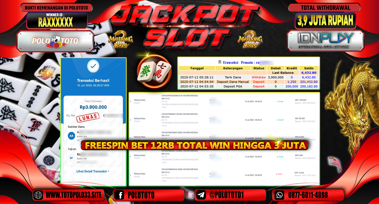 POLOTOTO JACKPOT SLOT MAHJONG WAYS Rp.3.900.000,-