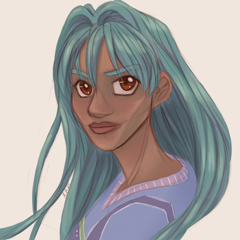 A portrait of the angel Gabriel, who has blue-green hair, brownish eyes, and purple robe from the chest is worn with a simple pattern around the collar and a darker purple apron shown around the chest and shoulder.