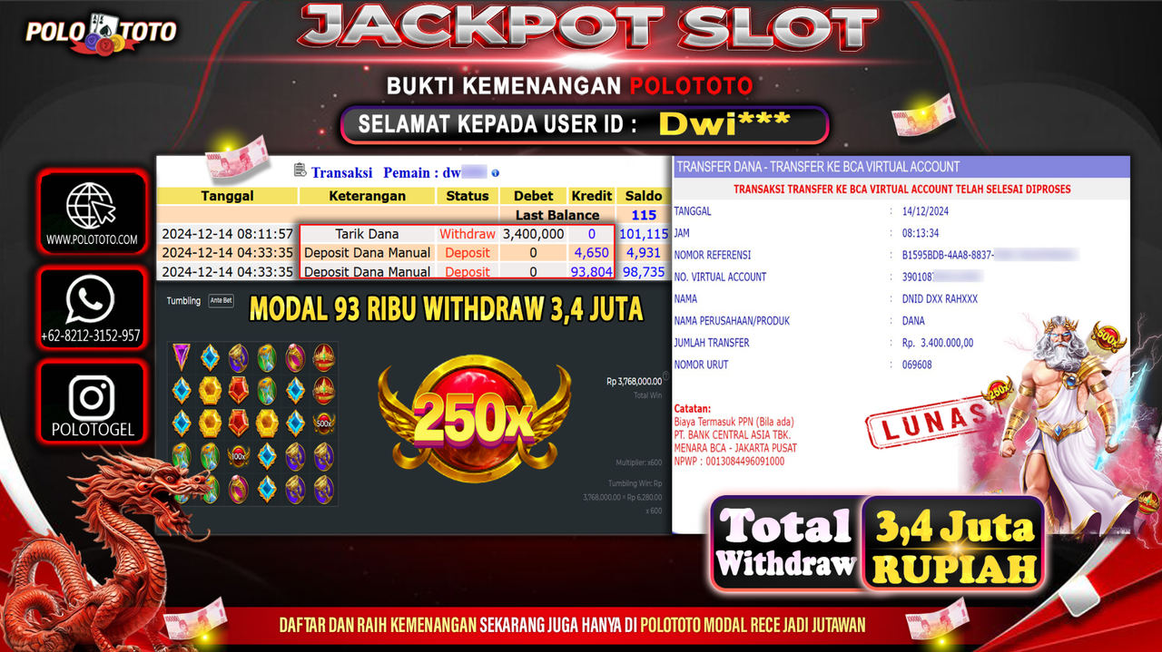 POLOTOTO JACKPOT SLOT GATES OF OLYMPUS Rp.3,400.000,-
