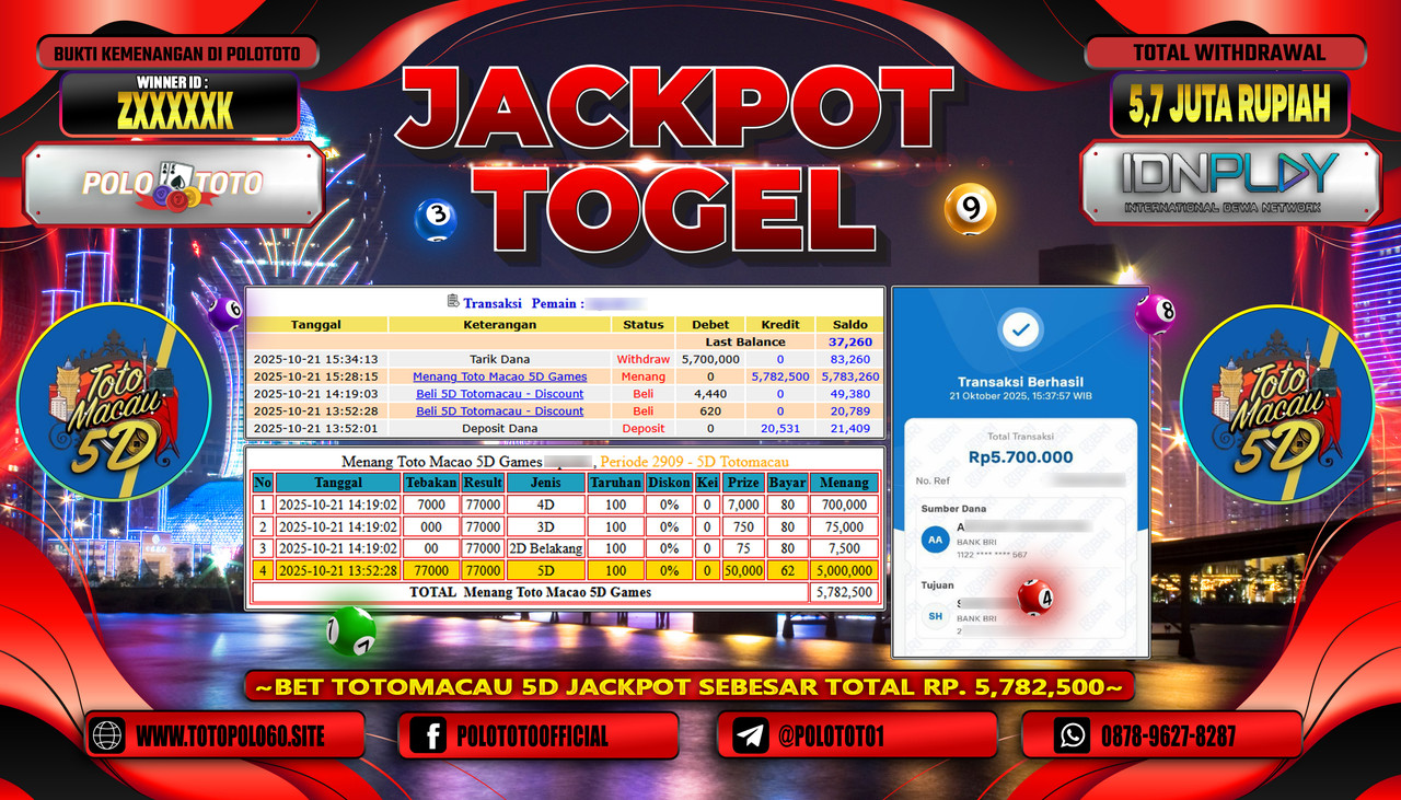 POLOTOTO JACKPOT TOGEL TOTO MACAU 5D Rp.5.700.000,- LUNAS