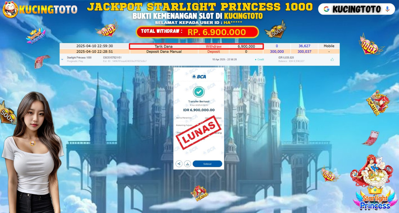 KUCINGTOTO JACKPOT SLOT STARLIGHT PRINCESS 1000 RP.6.900.000.,- LUNAS