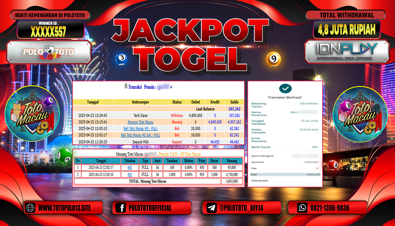 POLOTOTO JACKPOT TOGEL TOTO MACAU Rp.4.800.000,-