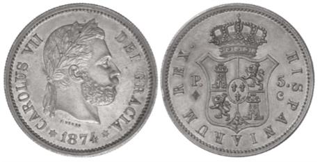 1874 - 5 Pesetas 1874. A nombre de Carlos VII. Bruselas Bruselas