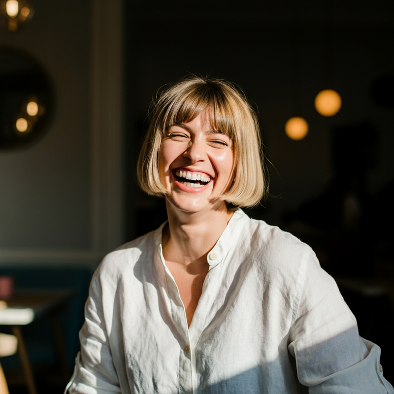 Leende kvinna på AI Business School som representerar hälsa, stöd och välmående i utbildningsmiljön.