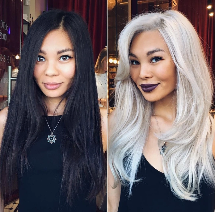 Asian woman changed color of her long black hair to blonde