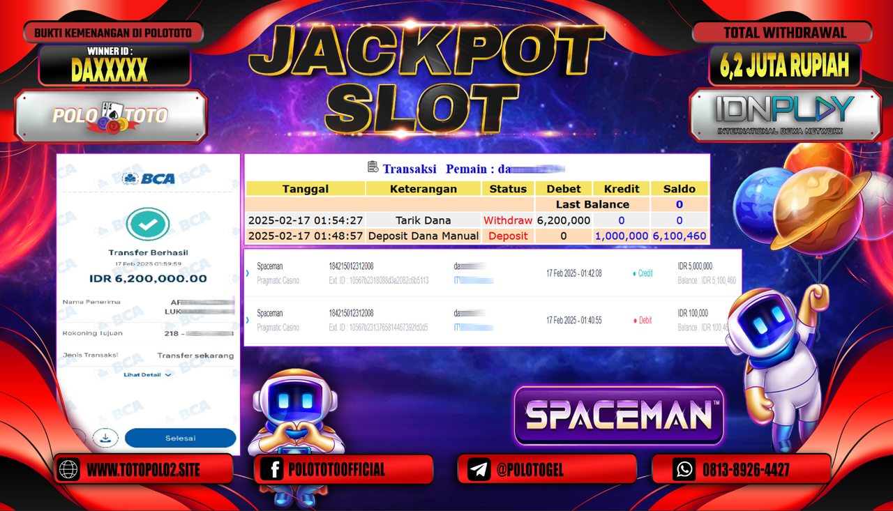 POLOTOTO JACKPOT SLOT SPACEMAN Rp.6.200.000,-