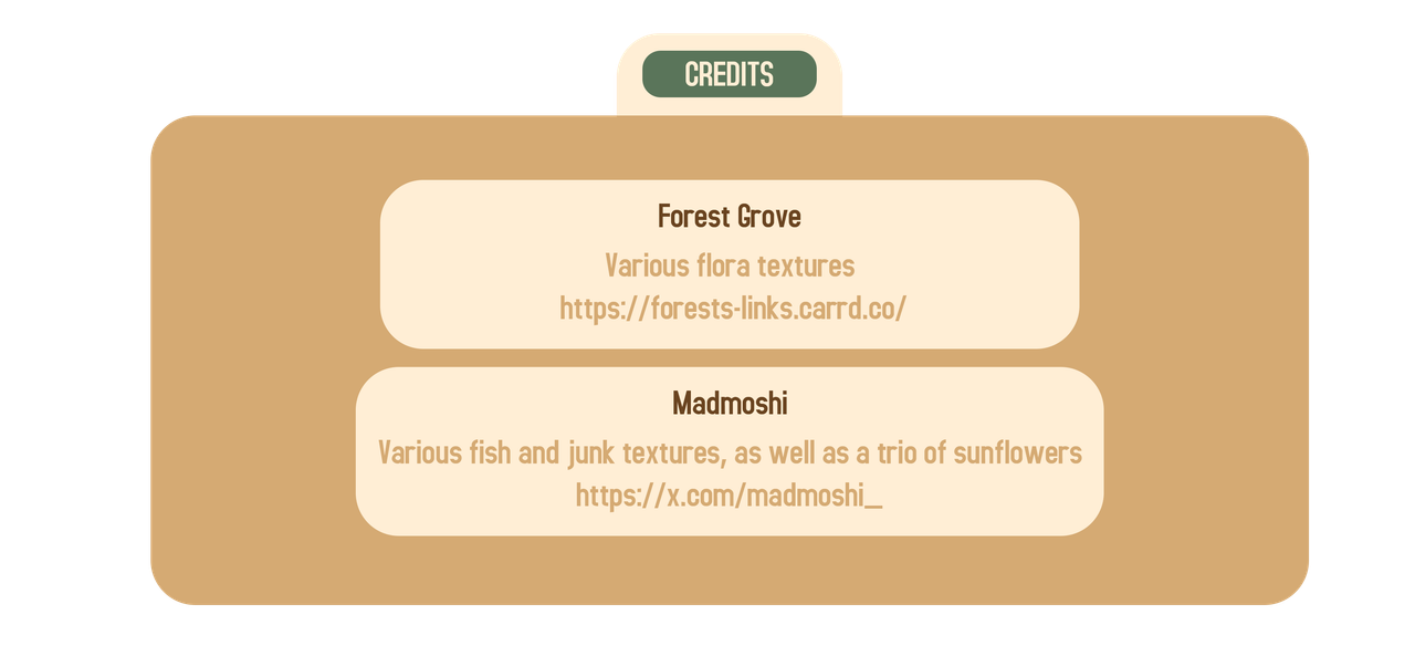 Credits: Various flora textures courtesy of Forest Grove at https://forests-links.carrd.co/
Various fish and junk textures, as well as a trio of sunflowers, courtesy of Madmoshi at https://x.com/madmoshi_