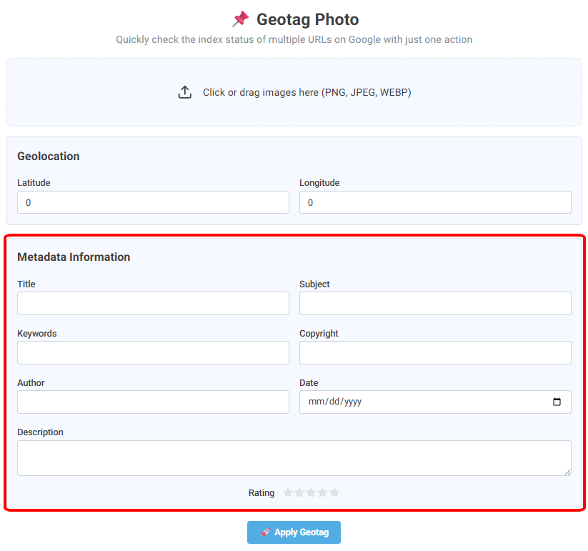 Giao diện kéo thả của công cụ Geotag Photo by ScapBot