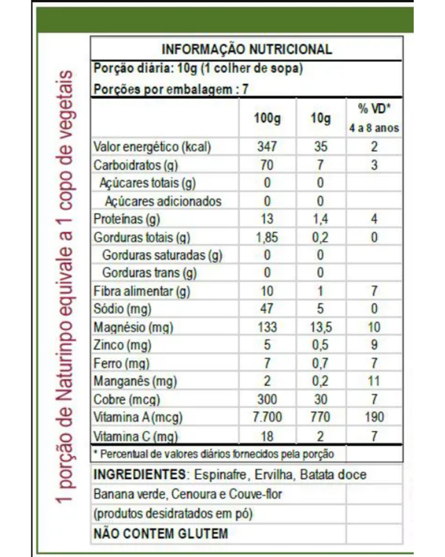 Informação nutricional do Blend Espinafre Naturinpó