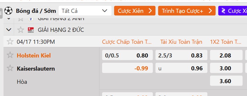 Tỷ lệ kèo Holstein Kiel vs FC Kaiserslautern