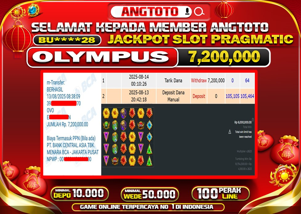 BUKTI PELUNASAN 13 AGUSTUS 2025 MENANG DI PERMAINAN GATES OF OLYMPUS  TOTAL WD 7,2 JUTA