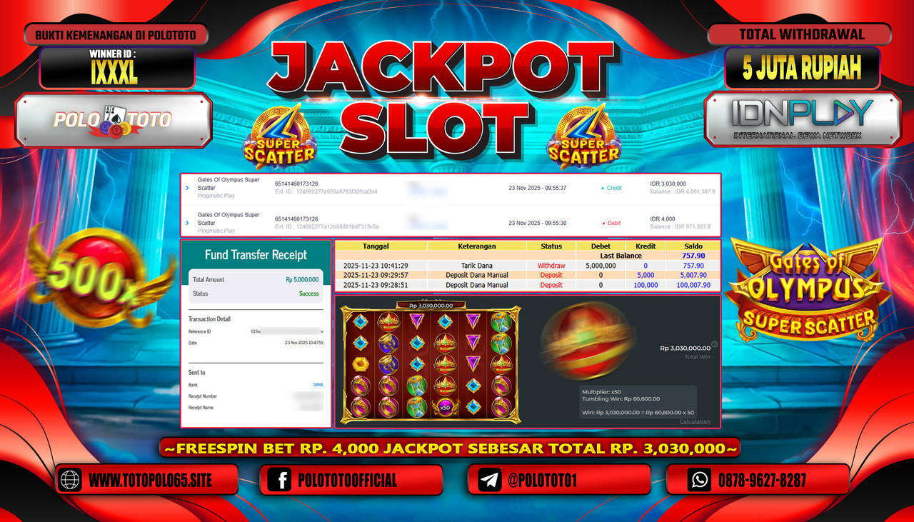 POLOTOTO JACKPOT SLOT GATES OF OLYMPUS SUPER SCATTER Rp.5.000.000,- LUNAS