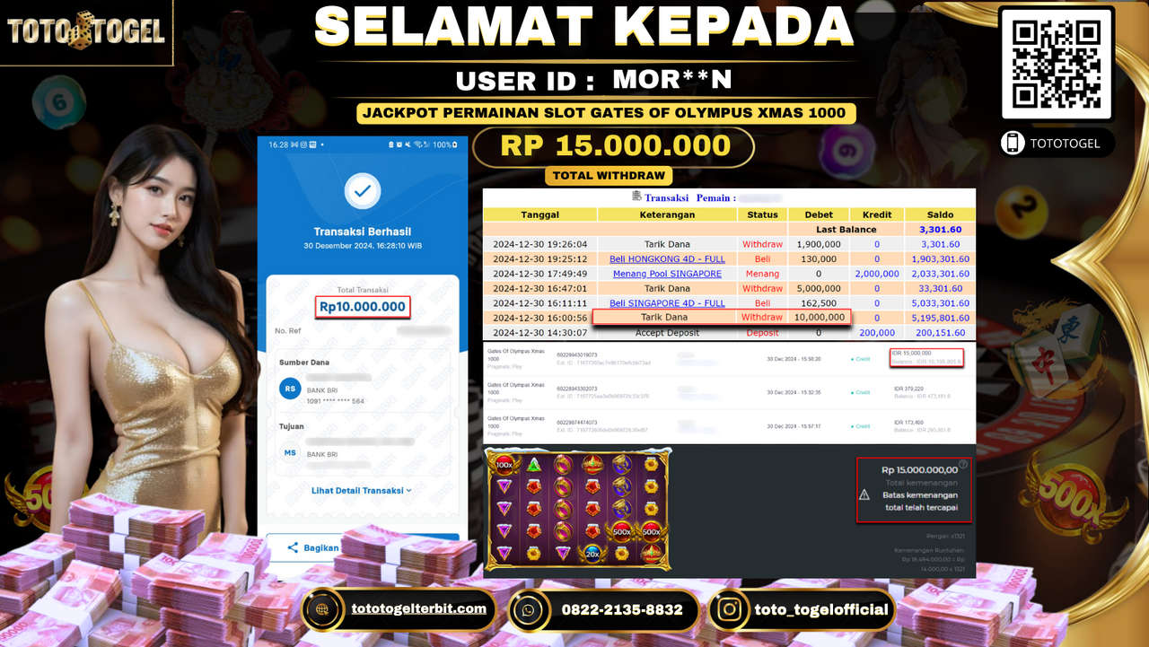 Bukti Pembayaran Jackpot  Permainan Slot Gates Of Olympus Xmas 1000  : MOR**N LUNAS