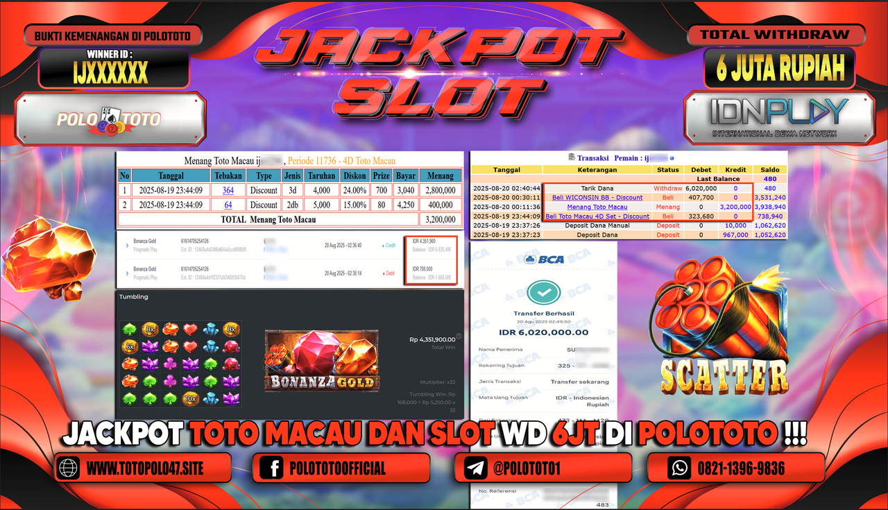 POLOTOTO JACKPOT TOGEL TOTO MACAU & SLOT BONANZA GOLD Rp.6.020.000,-