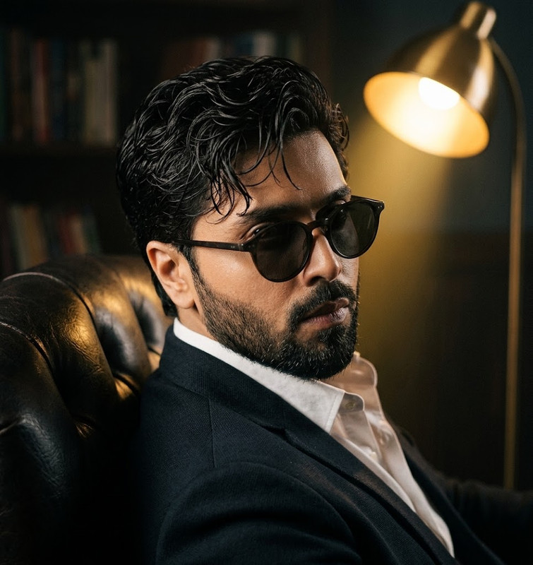 AI-generated example result for the creative-images prompt: Chiaroscuro Film Noir Leather Chair Portrait Prompt by Prompt Craft