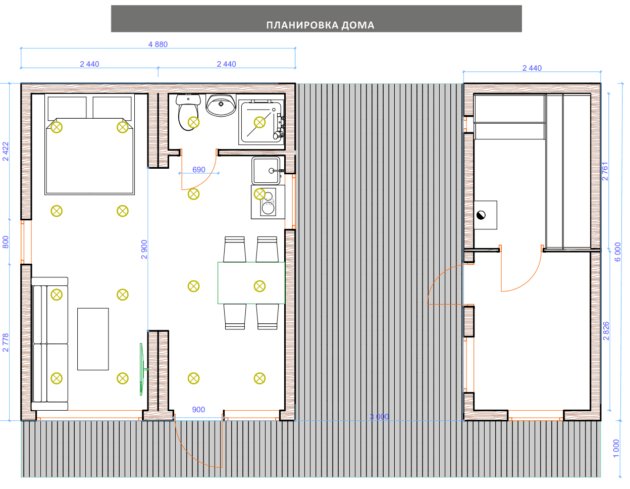 Планировка комплекса БАРН 30 + Баня 15