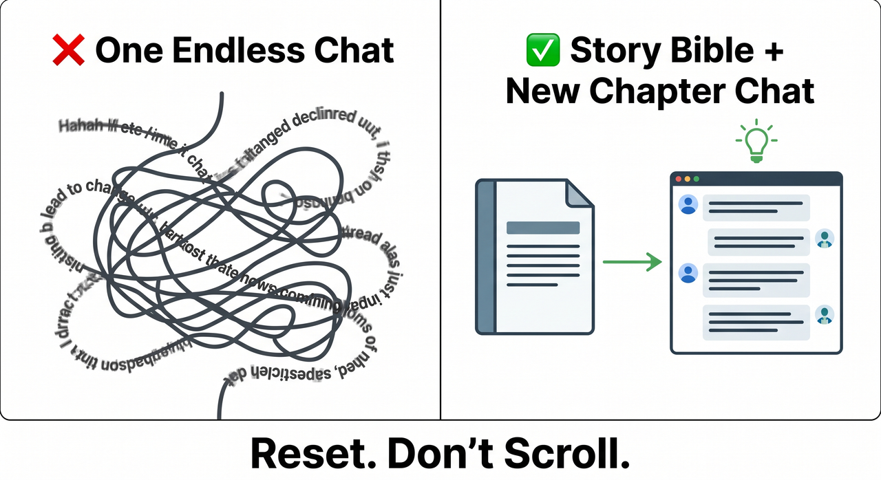 Claude story quality degrades long conversation — split panel showing bad workflow vs good Story Bible workflow